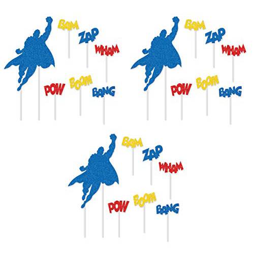 Beistle Hero Cake Toppers 3 Piece Birthday Party Decorations Food Picks, 7 x 9.5, Blue/Red/Yellow