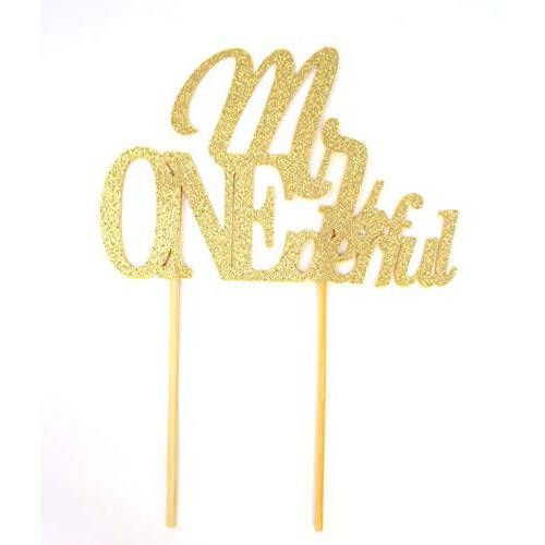 All About Details Mr. ONEderful Cake Topper, 1pc, 1st Birthday Cake topper, Wonderful One Cake Topper (Gold)