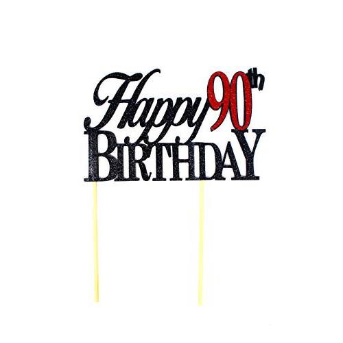 All About Details Happy 90th Birthday Cake Topper,1pc, Cake Decoration, Party Decor, Glitter Topper (Black & Red)