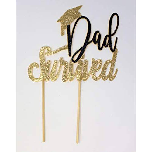 All About Details Dad Survived-Grad Cap Cake, 1PC, Graduation Party, Glitter Topper (Gold & Black), 6 x 9