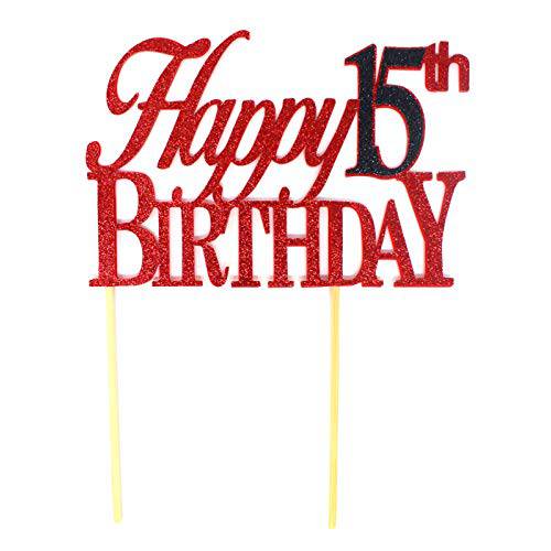 All About Details Happy 15th Birthday Cake Topper,1pc, Birthday Celebrations, Party Decor, Glitter Topper (Red & Black)