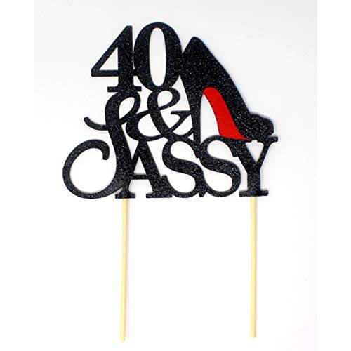 All About Details 40 & Sassy Cake (Black),1 PC, 40th Birthday, Party Decor, Glitter Topper, 6 x 9