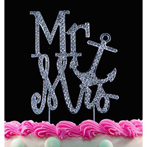 Mr & Mrs Anchor Crystal Cake Toppers Bling Silver Cake Decorations Weddings Anniversary Showers Party by Yacanna
