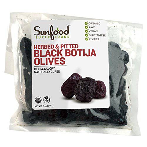 Sunfood Superfoods Organic Raw Olives - Herbed & Pitted Peruvian Black Botija Olives - Hand Selected, Sea-Salt Cured, Low Temperature Dried - Great Natural Snack or Vegetarian Meat Substitute - 8 oz