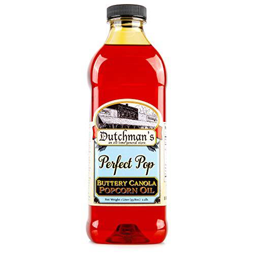 Dutchman’s Popcorn Oil Butter Flavor, Perfect Pop Butter Flavored Canola Oil, 33.8 oz. Colored with Natural Beta Carotene, Make Theater Style Popcorn at Home, Vegan, Healthy, Zero Trans Fat