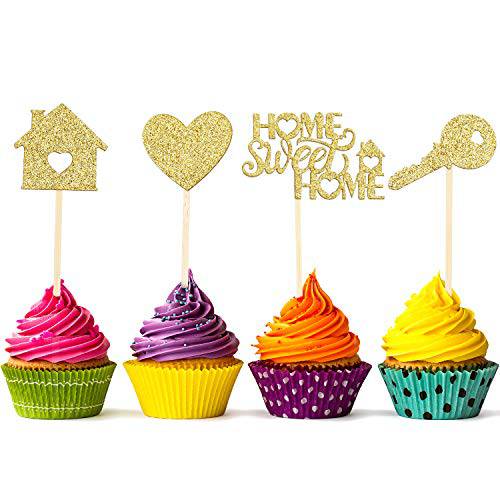 55 Pieces Home Sweet Home Cupcake Toppers Gold Glitter Home Cupcake Toppers New House Housewarming Cupcake Toppers Welcome New Home Party Decorations