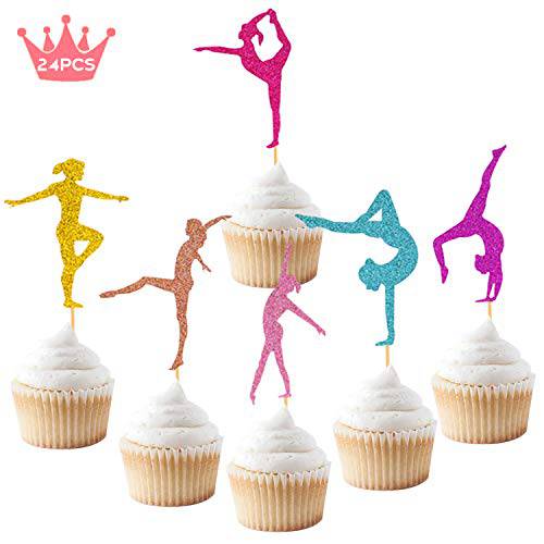 Gymnastics Cupcake Topper Gymnast Themed Cake Food Fruit Dessert Appetizer Picks Girl Birthday Party Supplies Colorful Glitter Decorations Set of 24