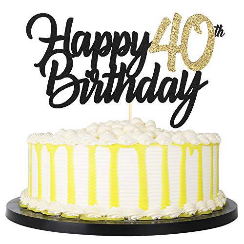 PALASASA Black Gold Glitter Happy Birthday cake topper - 40 Anniversary/Birthday Cake Topper Party Decoration (40th)