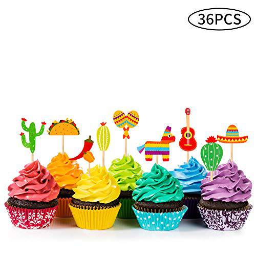36 Pcs Fiesta Cupcake Topper Mexican Theme Cake Decoration for Mexican Themed Cactus Donkey Taco Pepper Sombrero Mustache Party Decorations