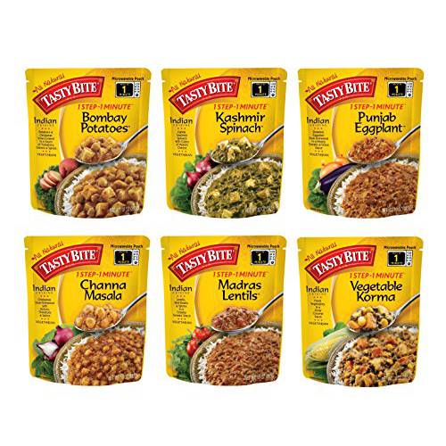 Tasty Bite Indian Entree Variety Pack 10 Ounce 6 Count, Fully Cooked Indian Entrées, Includes Bombay Potatoes, Kashmir Spinach, Punjab Eggplant, Channa Masala, Madras Lentils, Vegetable Korma