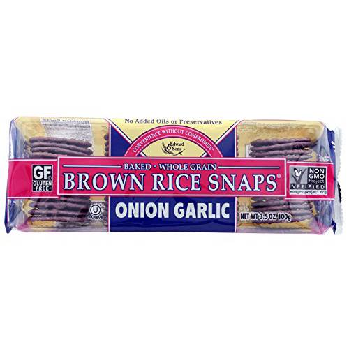 Edward & Sons Brown Rice Snaps, Packs, Onion Garlic 3.5 Ounce (Pack of 12)