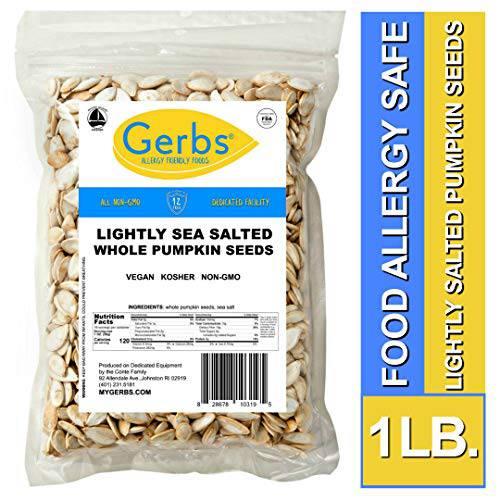 GERBS Lightly Sea Salted Roasted Whole Pumpkin Seed (Pepitas) In Shell 1 lbs., Top 14 Allergy Free Foods, Healthy Superfood Snack, Non GMO, Dry Roast, No Oils, No Preservatives, Resealable Bag, Gluten & Peanut Free, Vegan, Keto, Kosher