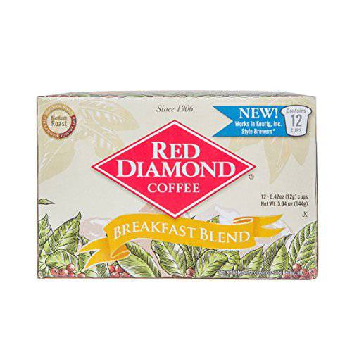 Red Diamond Coffee Cups, Breakfast Blend, Medium Roast, Single Serve Coffee Cups, Compatible with Most Brewers, 6 Boxes of 12 Pods (72 Servings)