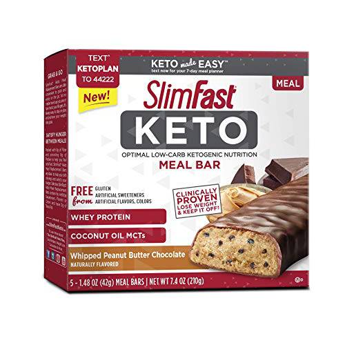 SlimFast Keto Fat Bomb Meal Replacement Whey Protein Bar, Whipped Peanut Butter Chocolate, Low Carb with 7g Protein, 5 Count Box (Pack of 4)