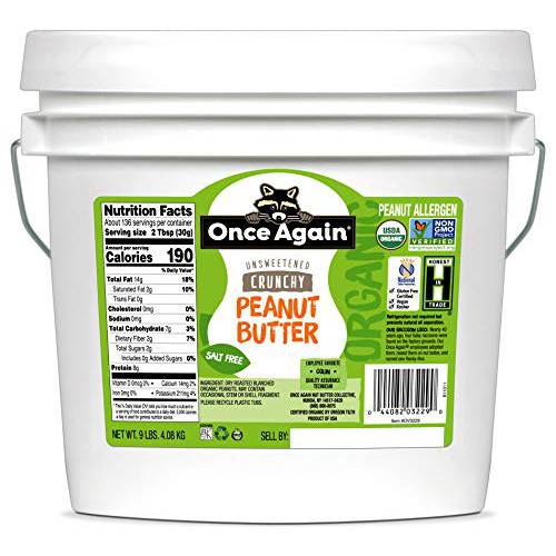 Once Again Organic Crunchy Peanut Butter, 9lbs - Salt Free, Unsweetened - USDA Organic, Gluten Free Certified, Vegan, Kosher