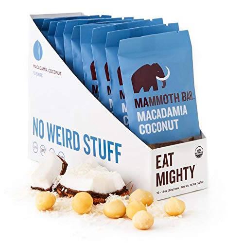 Macadamia Coconut Bar- Organic, Paleo, Gluten Free and Raw by Mammoth Bar, 10-12g Protein, 1.8 Oz. Bar (10 Bars)
