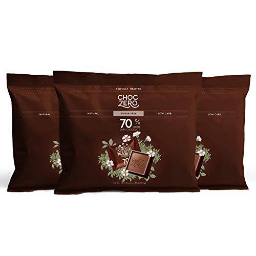 ChocZero 70% Dark Chocolate, Sugar free, Low Carb, No Sugar Alcohol, No Artificial Sweetener, All Natural, Non-GMO - (3 Bags, 30 pieces)