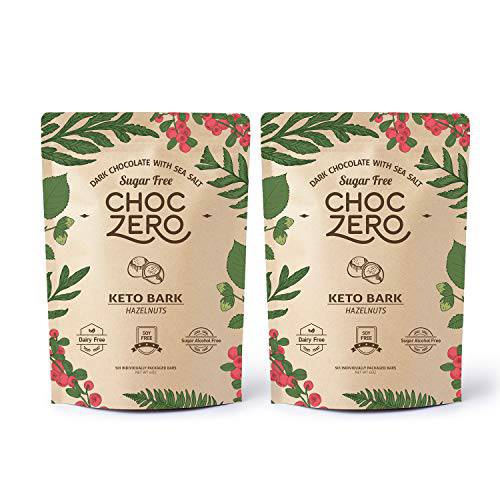 ChocZero’s Keto Bark, Dark Chocolate Hazelnut with Sea Salt. Sugar Free, Low Carb. No Sugar Alcohols, No Artificial Sweeteners, All Natural, Non-GMO (2 bags, 6 servings/each)