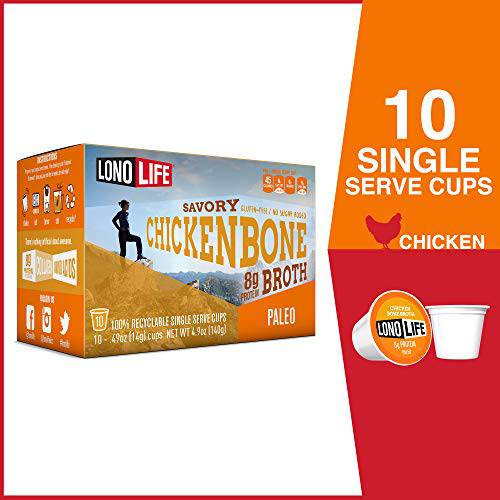 LonoLife - Chicken Bone Broth Single Serve Cups - 8g Collagen Protein - Grass-Fed, Gluten-Free - Keto & Paleo Friendly - 10 count