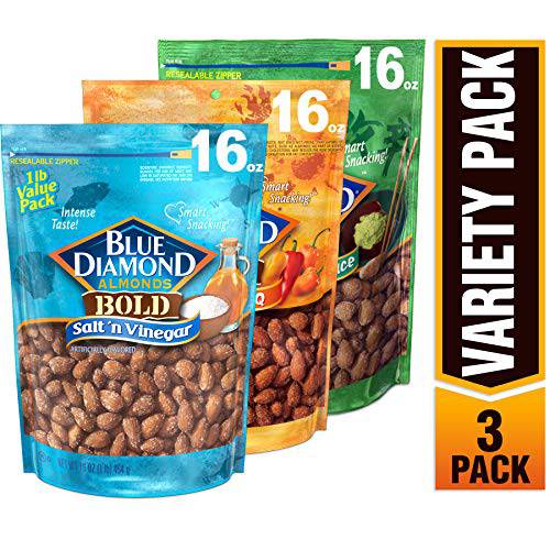 Blue Diamond Almonds Bold Variety Pack - Salt N’ Vinegar, Habanero BBQ, and Wasabi & Soy Sauce Flavored Snack Nuts, 16 Oz Resealable Bags (Pack of 3)