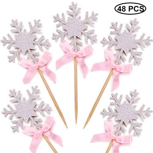 Set of 48 Frozen Cupcake Toppers Snowflake Cupcake Toppers with Pink Bow Cake Decoration Supplies