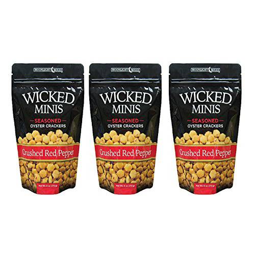 Wicked Minis Soup and Oyster Crackers - Seasoned Flavored Mini Puffed Soup Crackers Snacking Mix - 6 Ounce Bag (Crushed Red Pepper, Pack of 3)