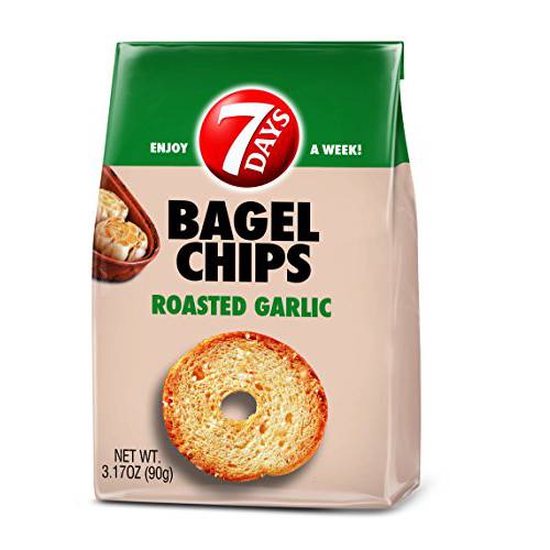 7Days Bagel Chips, Roasted Garlic, Gourmet Crackers, Non-GMO Baked Snack, (3.17oz, Pack of 5)