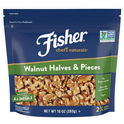 Fisher Walnut Halves and Pieces, 10 Ounces, California Grown Walnuts, Unsalted, Naturally Gluten Free, No Preservatives, Non-GMO
