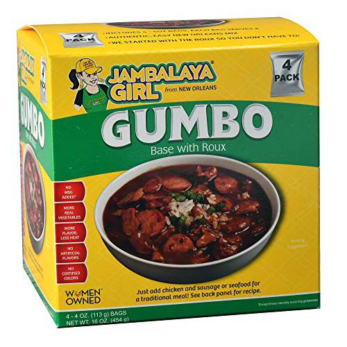 Jambalaya Girl Gumbo Base with Roux, New Orleans Soup Mix, 4 Oz (Pack of 4) - Easy to Cook - Just Add Chicken, Sausage or Seafood - Dark Rich Roux, Seasonings and Hearty Dehydrated Vegetables. No Artificial Flavors, No MSG Added, No Certified Colors - Woman Owned - Kid Approved - More Flavor, Less Heat