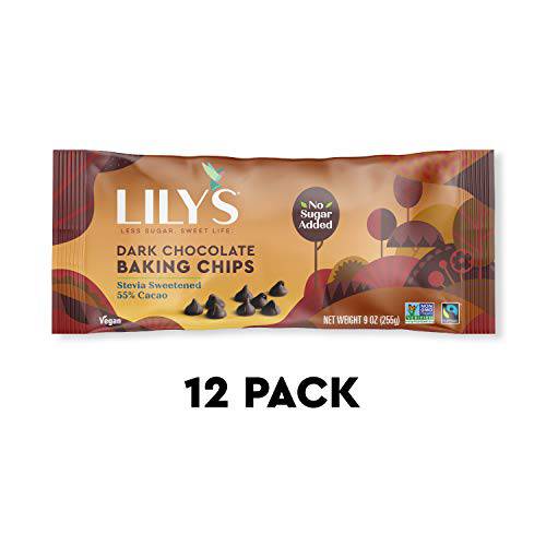 Dark Chocolate Baking Chips by Lily’s |Stevia Sweetened, No Added Sugar, Low-Carb, Keto Friendly | 55% Cocoa | Fair Trade, Vegan, Gluten-Free & Non-GMO | 9 ounce, 12-Pack…