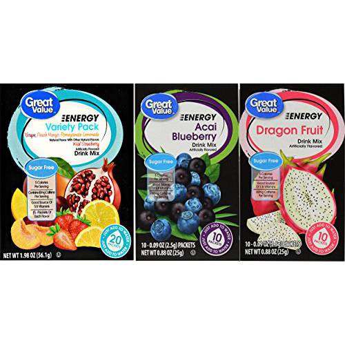 Great Value Low Calorie Sugar-Free Energy Drink Mix 3 Pack Bundle, 1-Large Variety Pack 1-Dragonfruit and 1-Acai Blueberry.
