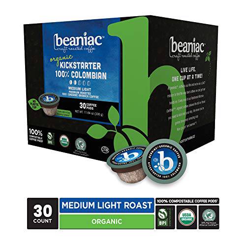 beaniac Organic Kickstarter 100% Colombian | Medium Roast, Single Serve Coffee K Cup Pods | Rainforest Alliance Certified | 30 Compostable, Plant-Based Coffee Pods | Keurig Brewer Compatible