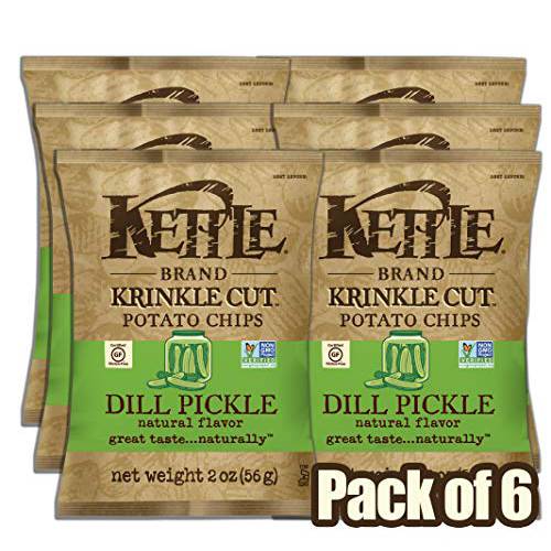 Kettle Brand Potato Chips, Krinkle Cut, Dill Pickle Kettle Chips, Snack Bag 2 Oz (Pack of 6)