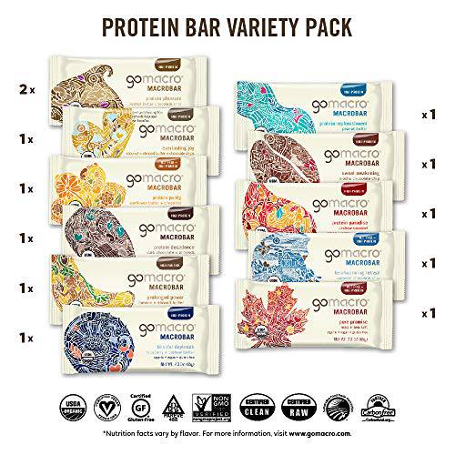 GoMacro MacroBar Organic Vegan Protein Bars - Protein Variety Pack (2.3-2.4 Ounce Bars, 12 Count)