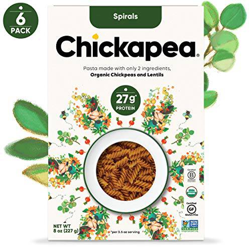 Chickpea Pasta, High Protein Organic Spirals by Chickapea, Lentil Pasta, Gluten Free, Plant Based, Non GMO, Lower Carb, Vegan Pasta, 8 oz (Pack of 6)