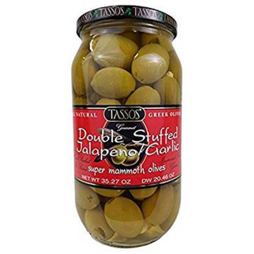 Tassos Double Stuffed Jalapeno And Garlic Super Mammoth Olives Imported From Greece 35.27oz