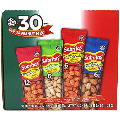 Frito Lay Sabritas Cacahuates Peanuts Mix (Box 30 / 1.625-Ounce Bags) Flamin Hot, Salt & Lime, Picante Spicy, Japanese Style Peanuts