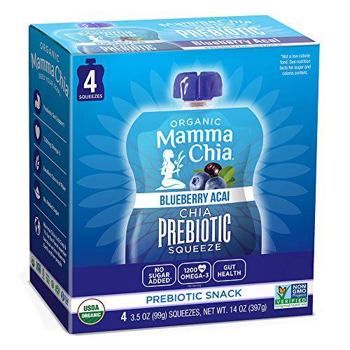 Mamma Chia Organic Prebiotic Squeeze Snack, Blueberry Acai, Fiber-Rich Prebiotic Gut Support,USDA Organic, Non-GMO, Vegan, Gluten Free, 3.5 Ounce (Pack of 24)