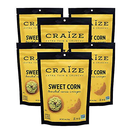 Craize Extra Thin & Crunchy Toasted Corn Crisps Sweet Corn Flavor Healthy Vegan All Natural Plant Based Crackers Non GMO Snack Gluten Free 6 Pack, 4 Ounces Each