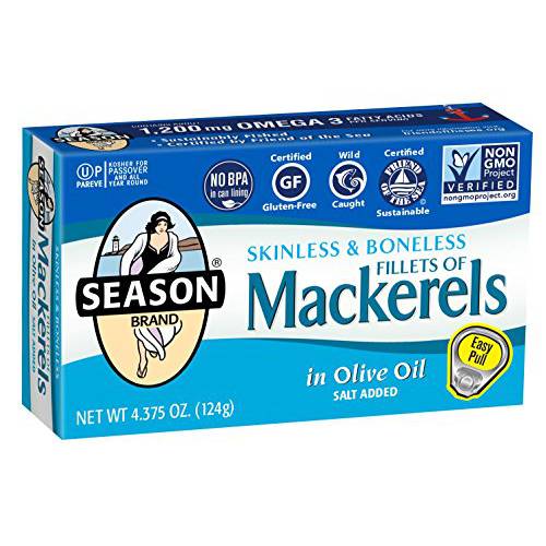 Season Skinless and Boneless Fillets of Mackerel in Olive Oil, 4.375-Ounce Tins (Pack of 6)