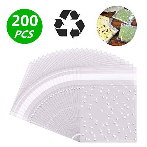 LiyuanQ Christmas Self Adhesive Candy Bag 200 PCS Cellophane Cookie Bags Self-adhesive Sealing Cellophane Bags White Polka Dot Clear Bags OPP Plastic Party Bag for Bakery, Candy, Soap (4 x 6 inches)