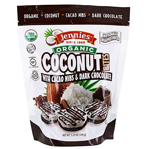 Jennies Organic Coconut Bites with Cacao Nibs, 5.25oz Glten Free, Non-GMO, Peanut Free, Kosher (6)