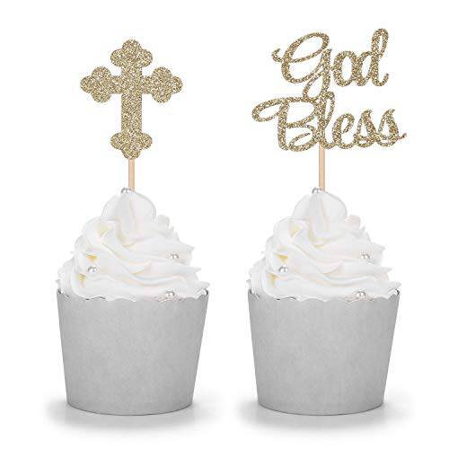 24 Counts Sparkly God Bless and Baptism Cupcake Toppers Christian Party Decorations - Silver