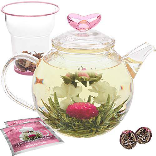 Teabloom Eternal Love Flowering Tea Gift Set - Glass Teapot (36 oz), Heart-Topped Lid, Tea Warmer, Loose Tea Infuser & 12 Heart-Shaped Blooming Teas
