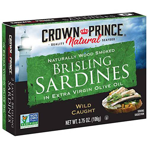 Crown Prince Natural Two Layer Brisling Sardines in Extra Virgin Olive Oil, 3.75-Ounce Cans (Pack of 12)