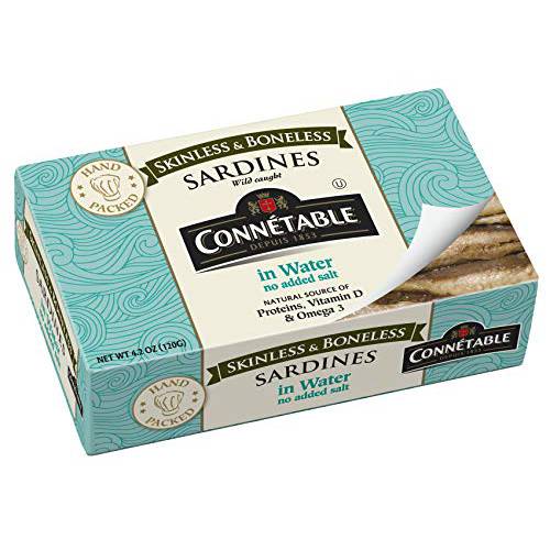 Sardines | Connetable | Sardines in Water | Skinless Boneless | No salt added | 4.375 Ounce | Pack of 12