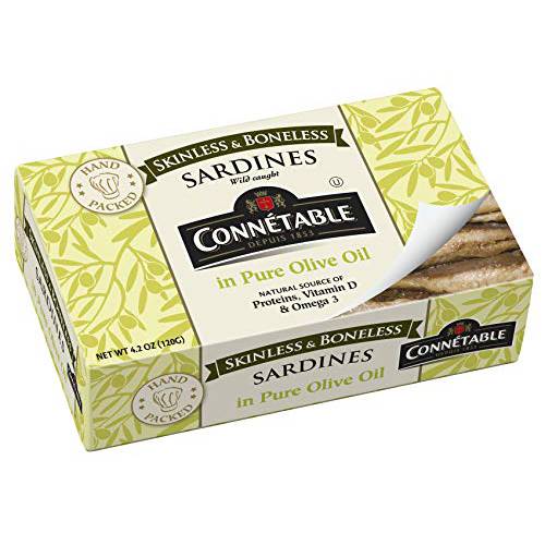 Sardines | Connetable | Sardines in Pure Olive Oil | Skinless Boneless | 4.375 Ounce | Pack of 12