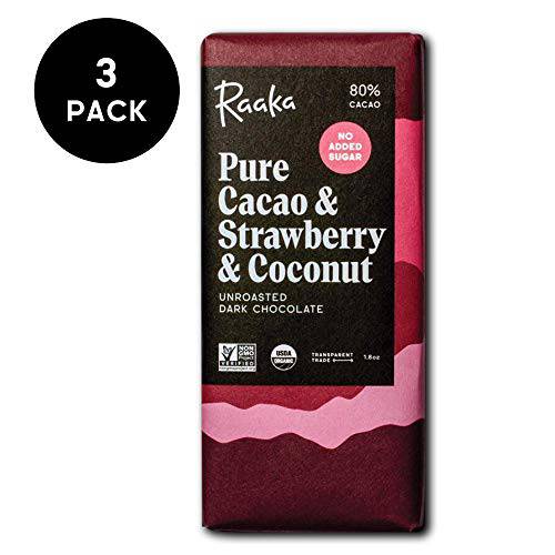 Raaka Chocolate Pure Cacao & Strawberry & Coconut, 80% Cacao No Added Sugar | Gourmet Dark Chocolate Gift | Organic, Vegan, Fair Trade, Soy Free, Gluten Free, Kosher, Paleo, Keto | 1.8oz Bars, 3-Pack