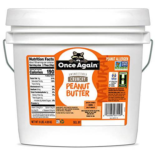 Once Again Natural, Crunchy Peanut Butter, 9lb Bucket - Lightly Salted, Unsweetened - Gluten Free Certified, Vegan, Kosher, Non-GMO Verified
