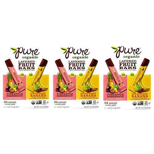 Pure Organic Layered Fruit Bars Assortment - Pineapple Passionfruit and Strawberry Banana - Pack of 3 Boxes - 24 Bars Per Box - 72 Bars Total - 36 of Each Flavor - Organic, Gluten Free, and Vegan